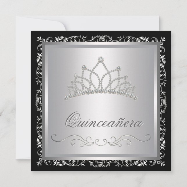 Invitación Diamond Tiara Black Damask Quinceanera (Anverso)