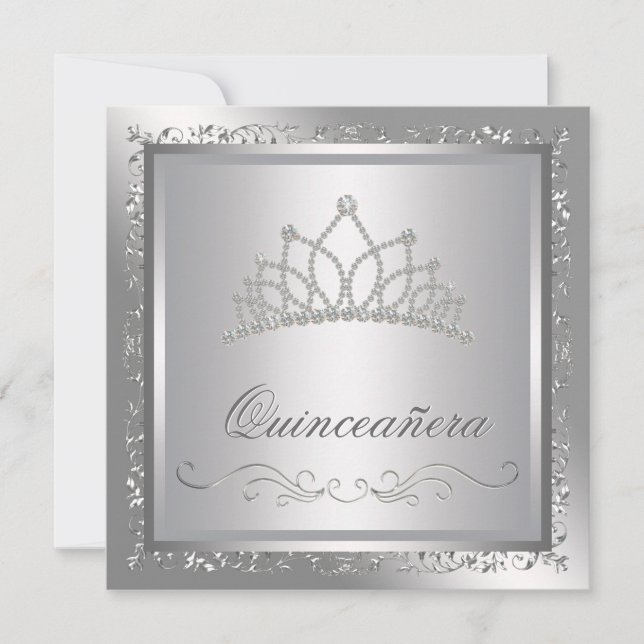 Invitación Diamond Tiara Elegant Silver Damask Quinceanera (Anverso)