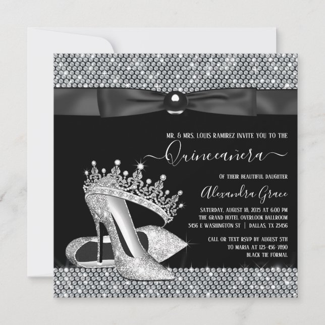 Invitación Diamond Tiara Shoe Glam Black Tie Quinceanera (Anverso)