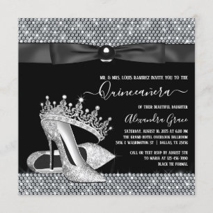 Invitación Diamond Tiara Shoe Glam Black Tie Quinceanera