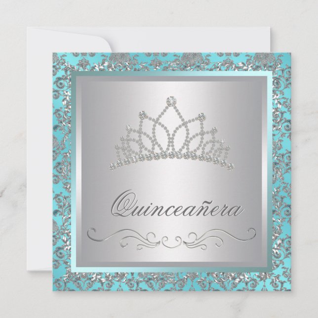 Invitación Diamond Tiara Verde azulado Blue Damask Verde azul (Anverso)