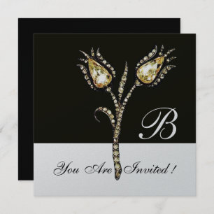 Invitación DIAMOND TULIPS MONOGRAM ,Silver Metallic
