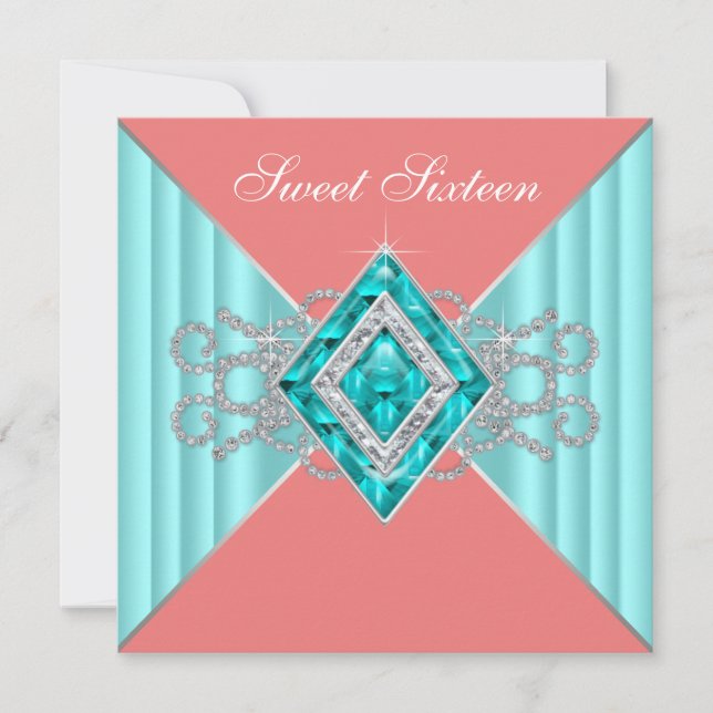 Invitación Diamond Turquoise Coral Sweet 16 Fiesta de cumplea (Anverso)