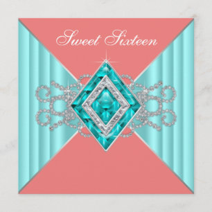 Invitación Diamond Turquoise Coral Sweet 16 Fiesta de cumplea