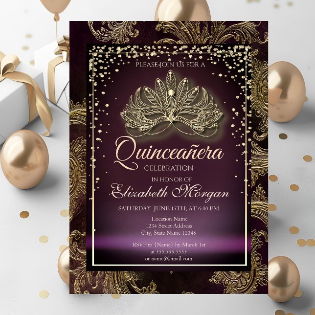 Invitación Diamonds Burgundy Floral Damask Quinceañera (Subido por el creador)