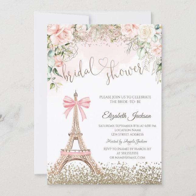 Invitación Diamonds Eiffel Tower Bow Flowers Bridal Shower  (Anverso)
