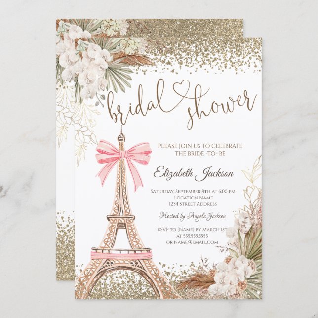 Invitación  Diamonds Eiffel Tower Bow Flowers Bridal Shower  (Anverso / Reverso)