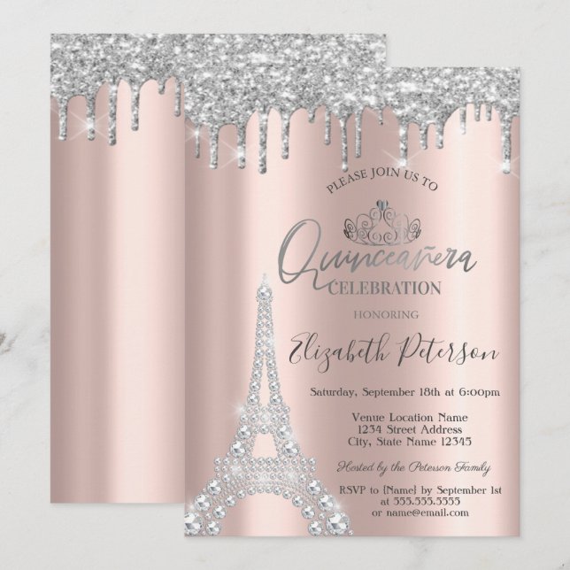 Invitación Diamonds Eiffel Tower,Drips Silver Quinceañera (Anverso / Reverso)