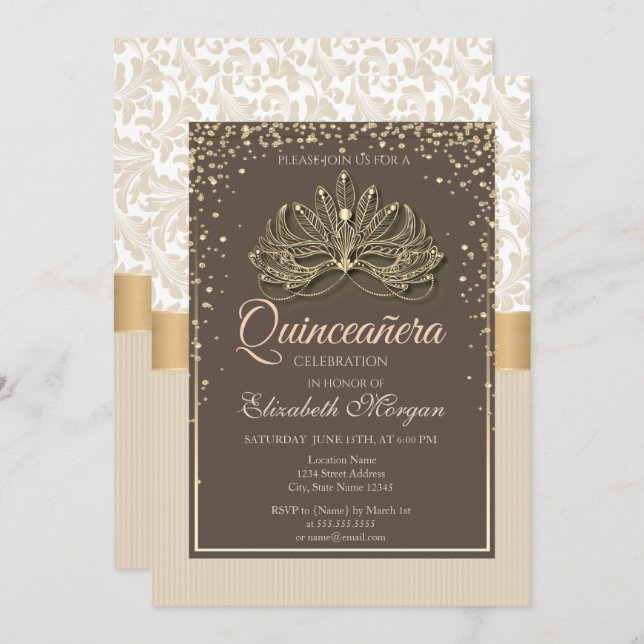 Invitación Diamonds Floral Damask Quinceañera (Anverso / Reverso)