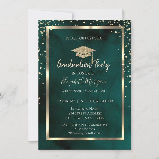 Invitación Diamonds Gold Grad Cap Emerald Green Graduation (Anverso)