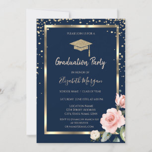 Invitación Diamonds Gold Grad Cap Rosas Azul Marino Graduació