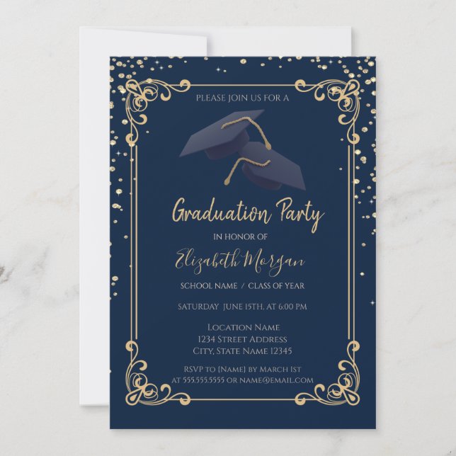 Invitación Diamonds Grad Cap Frame Navy Blue Graduation (Anverso)
