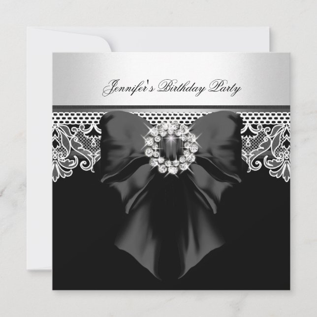 Invitación Diamonds Lace Image Birday Party Black White (Anverso)