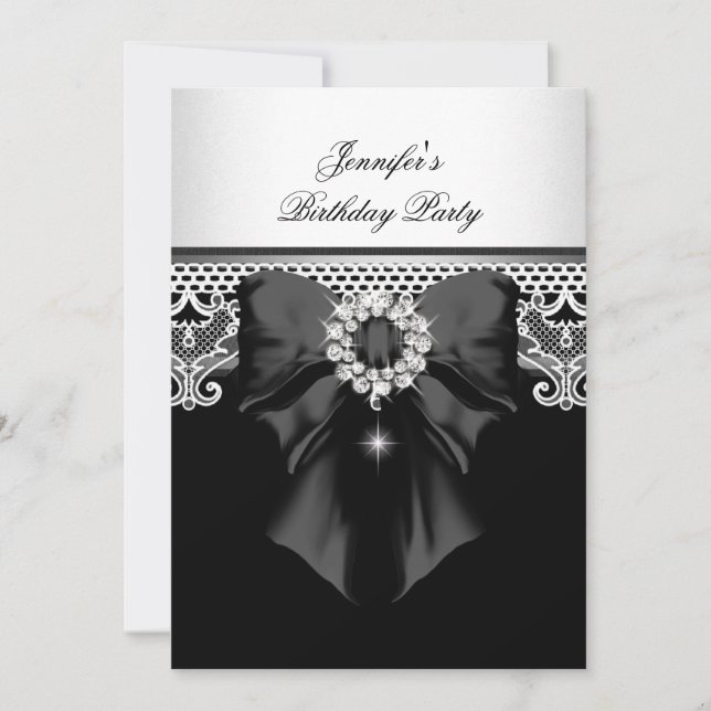 Invitación Diamonds Lace Image Birday Party Black White (Anverso)