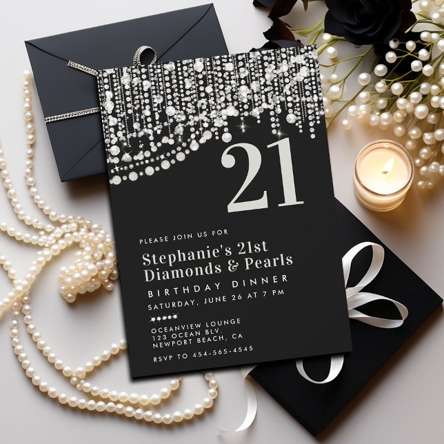 Invitación Diamonds Pearls Black White 21st Birthday Dinner (dinner party invitation 21st birthday for her black white diamonds pearls formal elegant classy lady)