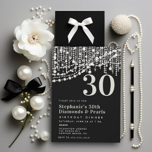 Invitación Diamonds Pearls Black White 30th Birthday Dinner
