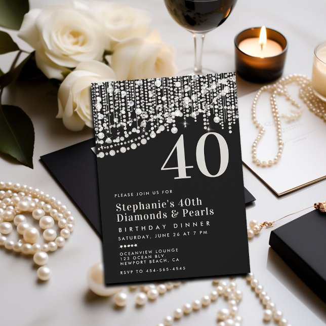 Invitación Diamonds Pearls Black White 40th Birthday Dinner (birthday dinner party invitation 40th for women black white formal elegant diamonds pearls chic lady)