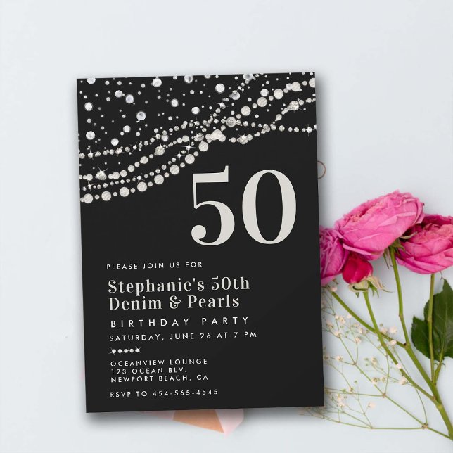 Invitación Diamonds Pearls Black White Elegant 50 cumpleaños (diamonds pearls 50th birthday party invitation for women elegant classy bling chic rustic modern)