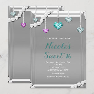 Invitación Diamonds & Pearls Bling Joyas Glam Fiesta de Cumpl