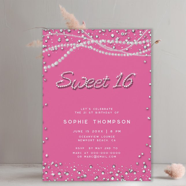 Invitación Diamonds Pearls Bonito Girly rosa elegante dulce 1 (diamonds and pearls sweet 16 birthday party invitation template for girls elegant classy chic girly)