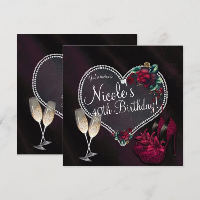 Invitación Diamonds Pearls Dark Heart High Heels Cumpleaños (Anverso / Reverso)