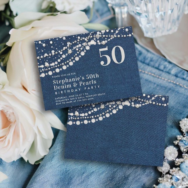 Invitación Diamonds Pearls Denim Elegant Classy 50 cumpleaños (diamonds and pearls denim 50th birthday party invitation women elegant classy country western bling )