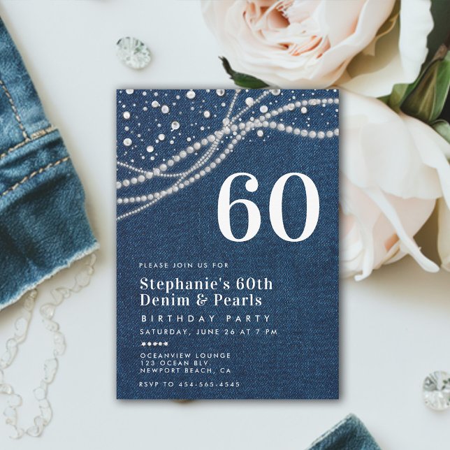 Invitación Diamonds Pearls Denim Elegant Classy 60 cumpleaños (denim and diamonds pearls 60th birthday invitation women elegant classy modern chic)