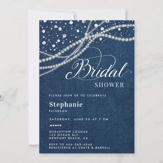 Invitación Diamonds Pearls Denim Elegant Classy Bridal Shower (Anverso)