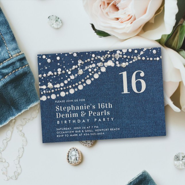 Invitación Diamonds Pearls Denim Elegant Moda elegante dulce  (denim diamonds pearls sweet 16 birthday party invitation modern contemporary classy elegant chic)