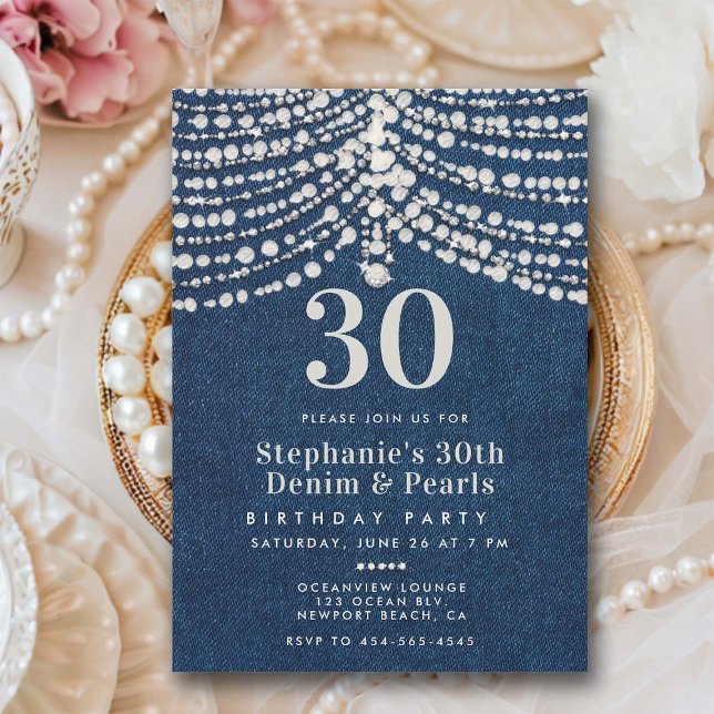 Invitación Diamonds Pearls Denim Glitz Glam 30 cumpleaños (diamonds pearls glitz glam 30th birthday invitation for women denim bling party elegant classy chic)