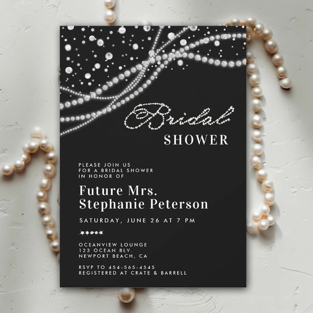 Invitación Diamonds Pearls Elegant Black Bridal Shower (diamonds pearls bridal shower invitation black white elegant classy bling romantic feminine rustic)