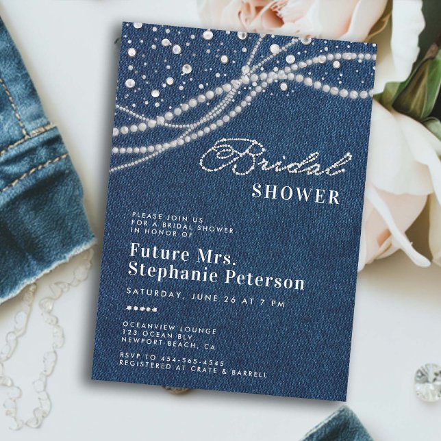 Invitación Diamonds Pearls Elegant Romance Sra Bridal Shower (denim diamonds pearls bridal shower invitation elegant classy rustic feminine romantic western chic)