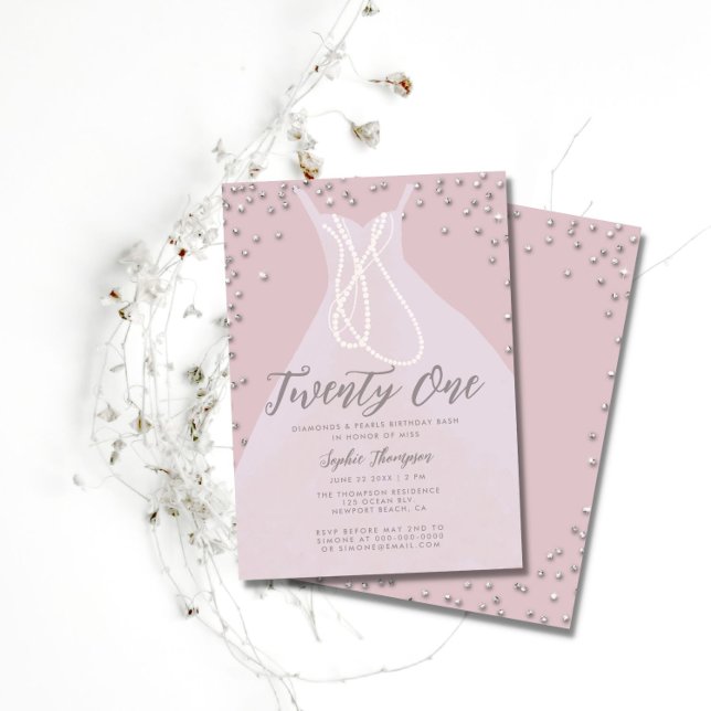 Invitación Diamonds Pearls Elegant Vestido Rosa 21st Bday Bas (Subido por el creador)