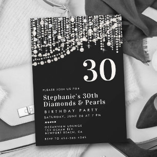 Invitación Diamonds Pearls Fringe Black White 30 cumpleaños