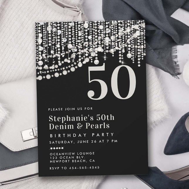 Invitación Diamonds Pearls Fringe Black White 50 cumpleaños (diamonds and pearls 50th birthday party for women invitation black and white elegant classy glam)
