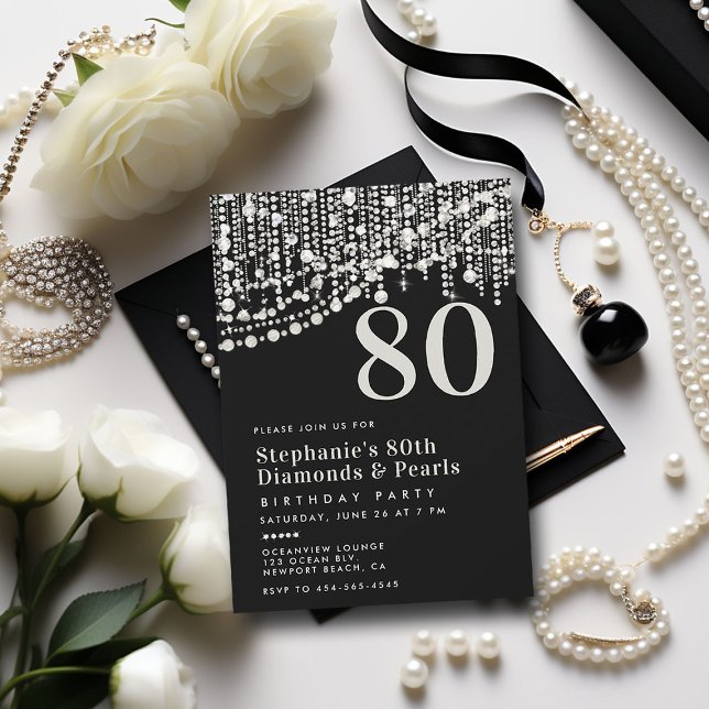 Invitación Diamonds Pearls Fringe Black White 80 cumpleaños (diamonds pearls 80th birthday party invitation black white formal elegant classy feminine stylish)