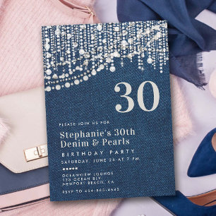 Invitación Diamonds Pearls Fringe Jean Denim 30 cumpleaños