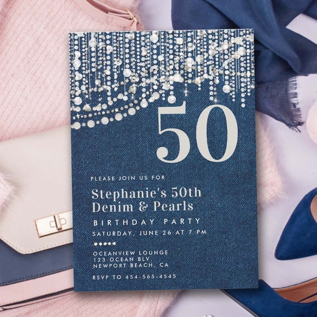 Invitación Diamonds Pearls Fringe Jean Denim 50 cumpleaños (diamonds pearls 50th birthday invitation for women bling party elegant classy chic modern glam jean)