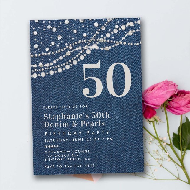 Invitación Diamonds Pearls Jeans Elegante Clásico 50 cumpleañ (diamonds pearls 50th birthday invitation for her women elegant classy bling jean rustic western chic)