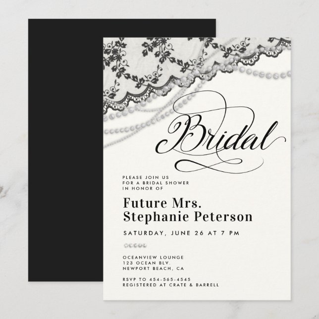 Invitación Diamonds Pearls Lace Black Ivory Bridal Shower (Anverso / Reverso)