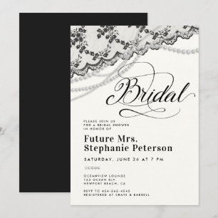 Invitación Diamonds Pearls Lace Black Ivory Bridal Shower