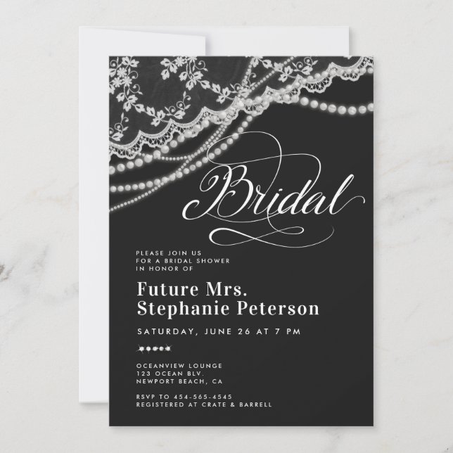 Invitación Diamonds Pearls Lace Black White Bridal Shower (Anverso)