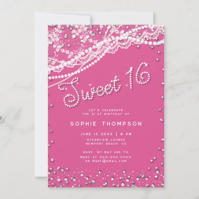 Invitación Diamonds Pearls Lace Girly Pink Elegant Sweet 16 (Anverso)