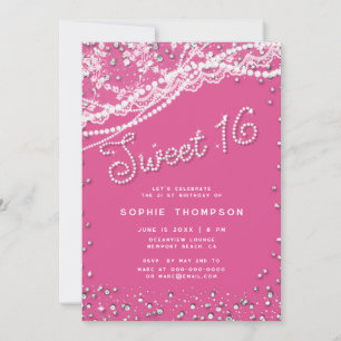 Invitación Diamonds Pearls Lace Girly Pink Elegant Sweet 16