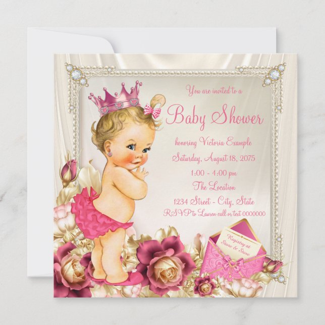 Invitación Diamonds Pearls Satin Princess Baby Shower (Anverso)