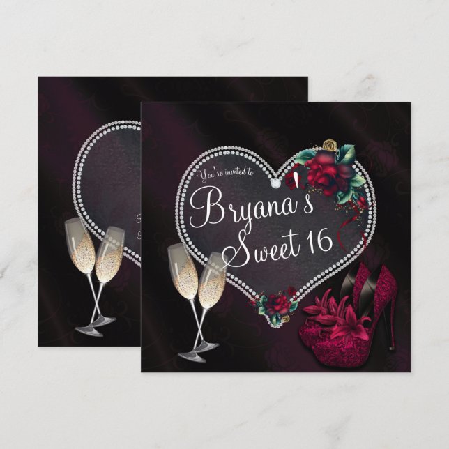 Invitación Diamonds Perlas Tos Altos de Corazón Oscuro Dulce  (Anverso / Reverso)