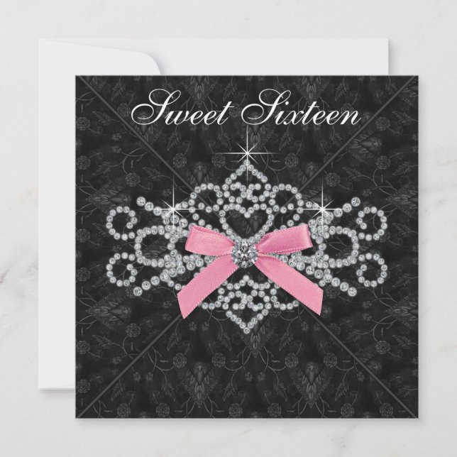 Invitación Diamonds Rosa Damask Negro Cumpleaños Dulces 16 Fi (Anverso)