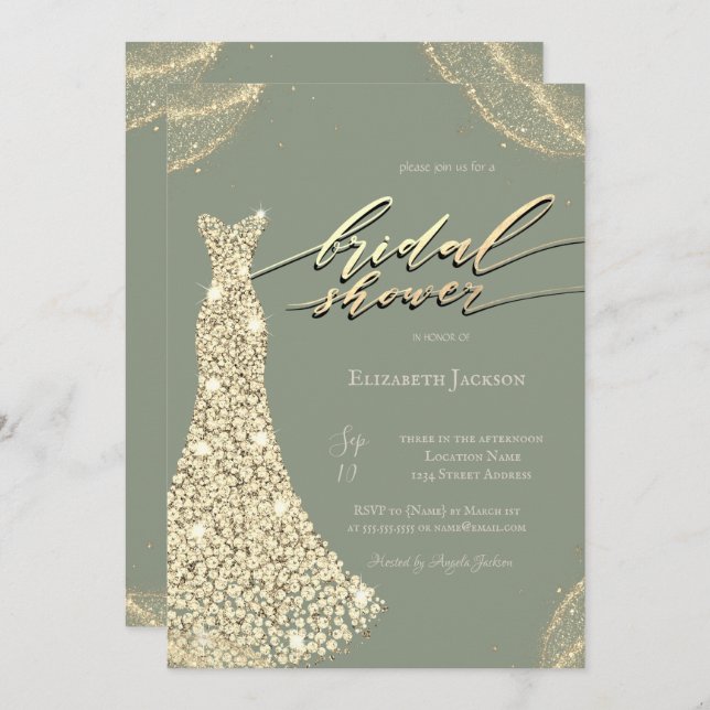 Invitación Diamonds Shiny Dress Sage Green Bridal Shower  (Anverso / Reverso)