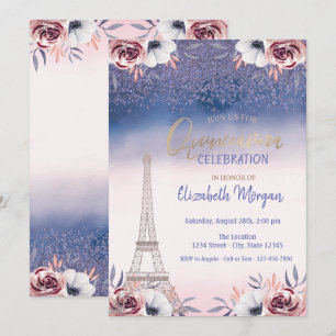 Invitación Diamonds, Torre Eiffel Ombre Rosas Quinceañera
