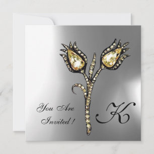 Invitación DIAMONTE TULIPS MONOGRAM, Lápida Blanca Gris
